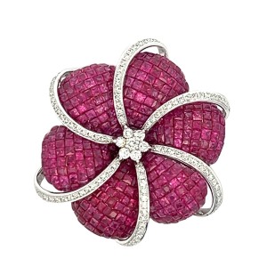 Estate 18kt White Gold Ruby And Diamond Flower Swirl Brooch