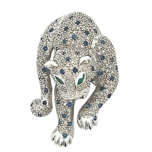 Estate 14kt White Gold Diamond And Sapphire Panther Brooch