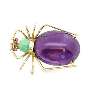 Estate 14kt Yellow Gold Amethyst, Aventurine Quartz, And Ruby Spider Brooch