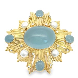 Estate 18kt Yellow Gold Aquamarine, Pearl, And Diamond Brooch/ Pendant