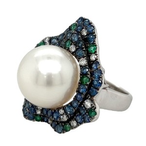 18kt White Gold South Sea Pearl, Diamond, Emerald, And Sapphire Statement Ring