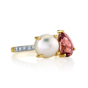 Sloane Street 18kt Yellow Gold Pearl, Tourmaline And Diamond "Toi Et Moi" Ring