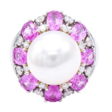 18kt White Gold South Sea Pearl, Pink Sapphire, And Diamond Cocktail Ring 18kt White Gold South Sea Pearl, Pink Sapphire, And Diamond Cocktail Ring