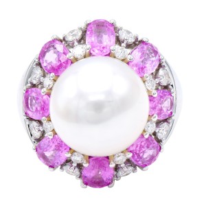 18kt White Gold South Sea Pearl, Pink Sapphire, And Diamond Cocktail Ring