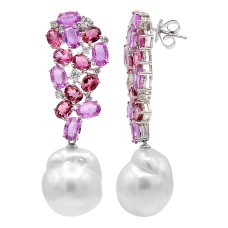 18kt White Gold South Sea Pearl, Pink Sapphire And Diamond Earrings