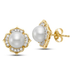 Mastoloni 14kt Yellow Gold Pearl And Diamond Floral Motif Earrings