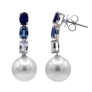 18kt White Gold South Sea Pearl And Sapphire Dangle Earrings