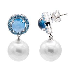 18kt White Gold South Sea Pearl And Blue Topaz Drop Earrings