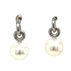 Estate 14kt White Gold Double Circle Drop Pearl Earrings
