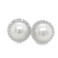 14kt White Gold Pearl And Diamond Halo Earrings