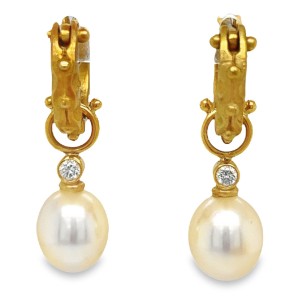 Estate 18kt Yellow Gold Pearl And Diamond Hoop Earrings