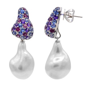 18kt White Gold Pearl, Sapphire, Garnet And Amethyst Dangle Earrings