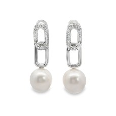 14kt White Gold Pearl And Diamond Drop Earrings