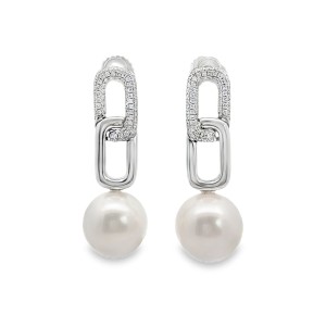 14kt White Gold Pearl And Diamond Drop Earrings