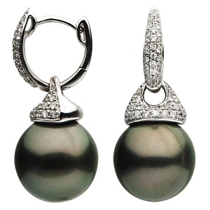 14kt White Gold Tahitian Pearl And Diamond Dangle Earrings