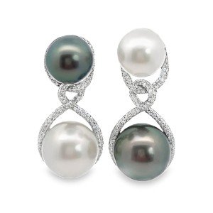 18kt White Gold Tahitian And South Sea Pearl And Diamond Drop Earrings