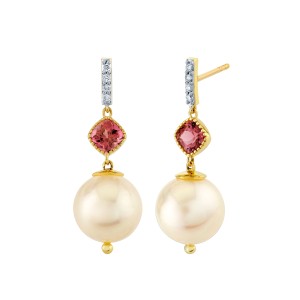 Sloane Street 18kt Yellow Gold Pearl, Tourmaline And Diamond Drop Earrings
