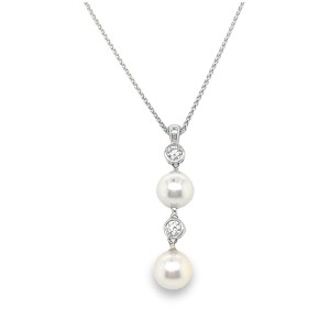 Estate 18kt White Gold Akoya Pearl And Diamond Drop Pendant Necklace