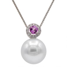 18kt White Gold South Sea Pearl, Pink Sapphire, And Diamond Pendant Necklace