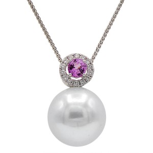 18kt White Gold South Sea Pearl, Pink Sapphire, And Diamond Pendant Necklace