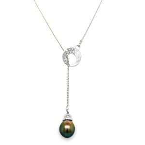 Estate 14kt White Gold Tahitian Pearl And Diamond Lariat 