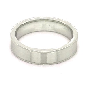 14kt White Gold 5mm Flat Comfort Fit Traditional Wedding Band With Sandpaper Finish And Milgrain Edges