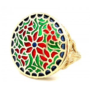 Estate 14kt Yellow Gold Red, Green, And Blue Floral Enamel Ring
