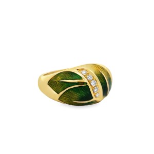 Estate 18kt Yellow Gold Ombre Green Enamel And Diamond Palm Ring