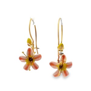 Estate 18kt Yellow Gold Enamel Flower Earrings. These Drop 