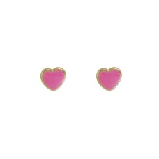 14k Yellow Gold Pink Enamel Child/youth Petite Heart Earrings
