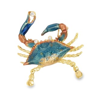 Estate 18kt Yellow Gold Enamel And Diamond Crab Pendant