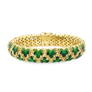 Estate 18kt Yellow Gold And Green Enamel Leaf Bracelet