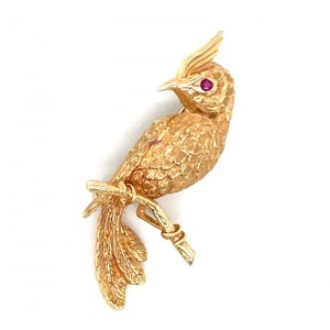 Estate 14kt Yellow Gold Cardinal Brooch With Ruby Eye By Somers-Ernst & Co.
