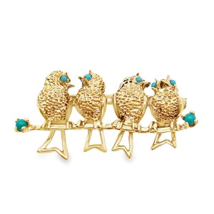 Estate 14kt Yellow Gold Turquoise Song Birds Brooch