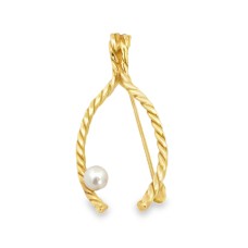 Estate 14kt Yellow Gold Wishbone Pearl Brooch