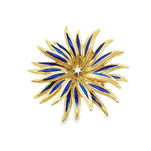 Estate 18kt Yellow Gold Enamel Flower Brooch