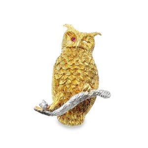 Estate Mid-Century Maurice Guyot 18kt Yellow Gold Winking Owl Brooch