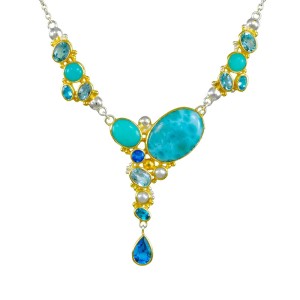 Michou Sterling Silver And 22kt Vermeil Larimar, Topaz And Pearl Necklace
