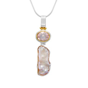 Michou Sterling Silver And 22kt Yellow Gold Vermeil Rose Quartz And Pearl Stick Pendant