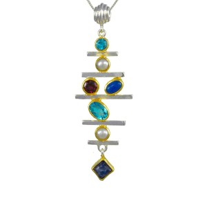 Michou Sterling Silver And 22kt Vermeil Multi-color Gemstone "ladder" Pendant Necklace
