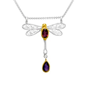 Michou Sterling Silver And 22kt Vermeil Amethyst And Garnet Dragonfly Pendant Necklace
