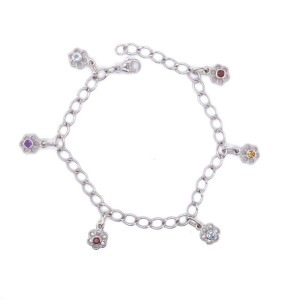 Sterling Silver Child's Gemstone Flowers Charm Bracelet