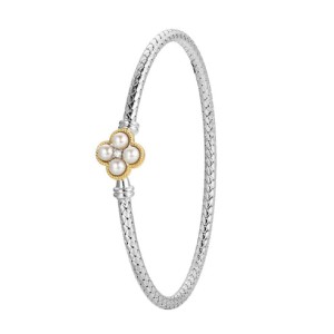 Charles Garnier Two-tone Sterling Silver "Trefle" Pearl And CZ Bangle Bracelet