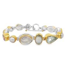 Michou Sterling Silver And 22kt Yellow Gold Vermeil Pearl, Green Amethyst, Mother Of Pearl Quartz, And Rose Quartz Bracelet