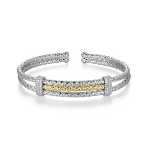 Charles Garnier Two-tone Sterling Silver Double-row CZ-accented Cuff Bracelet