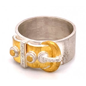 Lika Behar Fused 24kt Yellow Gold And Sterling Silver Diamond "Deco" Buckle Ring