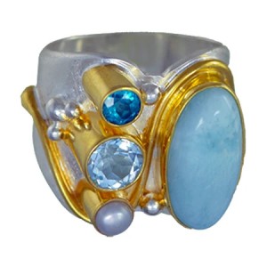 Michou Sterling Silver And 22kt Vermeil Larimar, Topaz And Pearl Ring