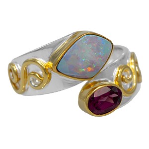 Michou Sterling Silver And 22kt Vermeil Opal And Pink Tourmaline Ring