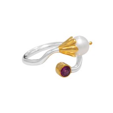 Michou Sterling Silver And 22kt Vermeil Pearl And Rhodolite Garnet Ring