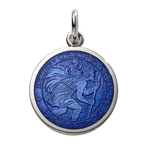 Sterling Silver Medium (3/4") Round St. Christopher's Medal Charm  With Royal Blue Enamel.